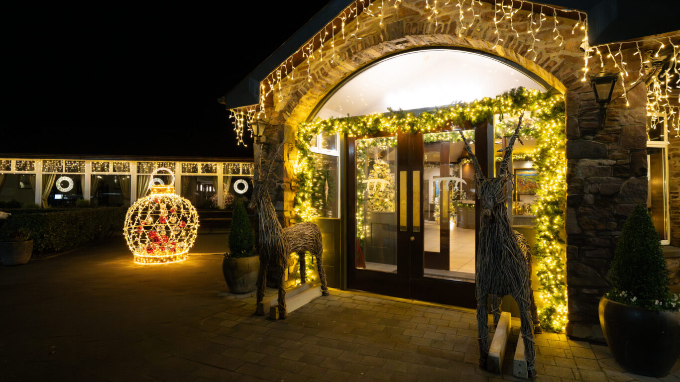 Building entrance decorated with yellow holiday string lights, two large twig reindeer sculptures, and a large illuminated ornament structure outside at night.