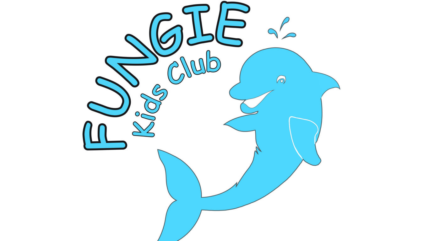 A blue cartoon dolphin with water splashing above its head, alongside the text “FUNGIE Kids Club” in playful, bold letters.