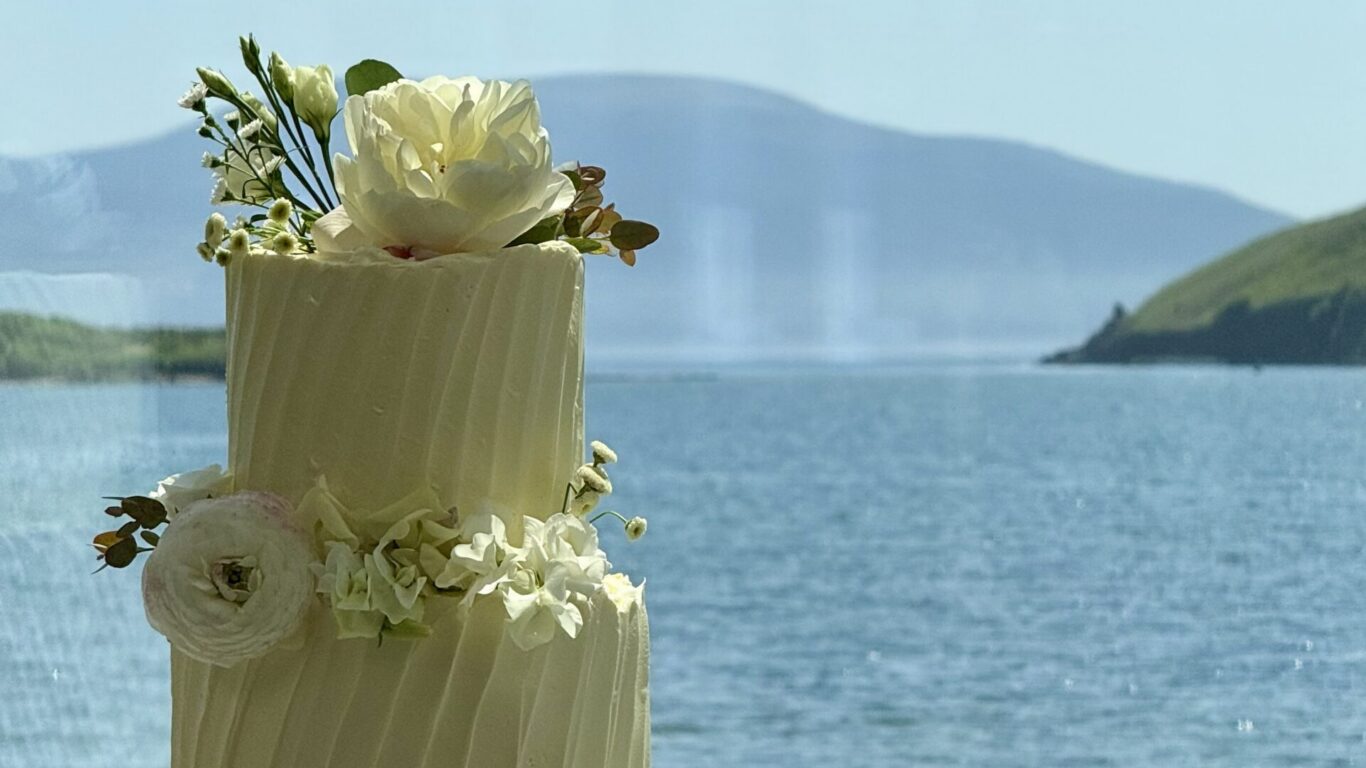 A two-tier white frosted cake with floral decorations sits on a wooden stand, positioned in front of a scenic lake and mountain view.