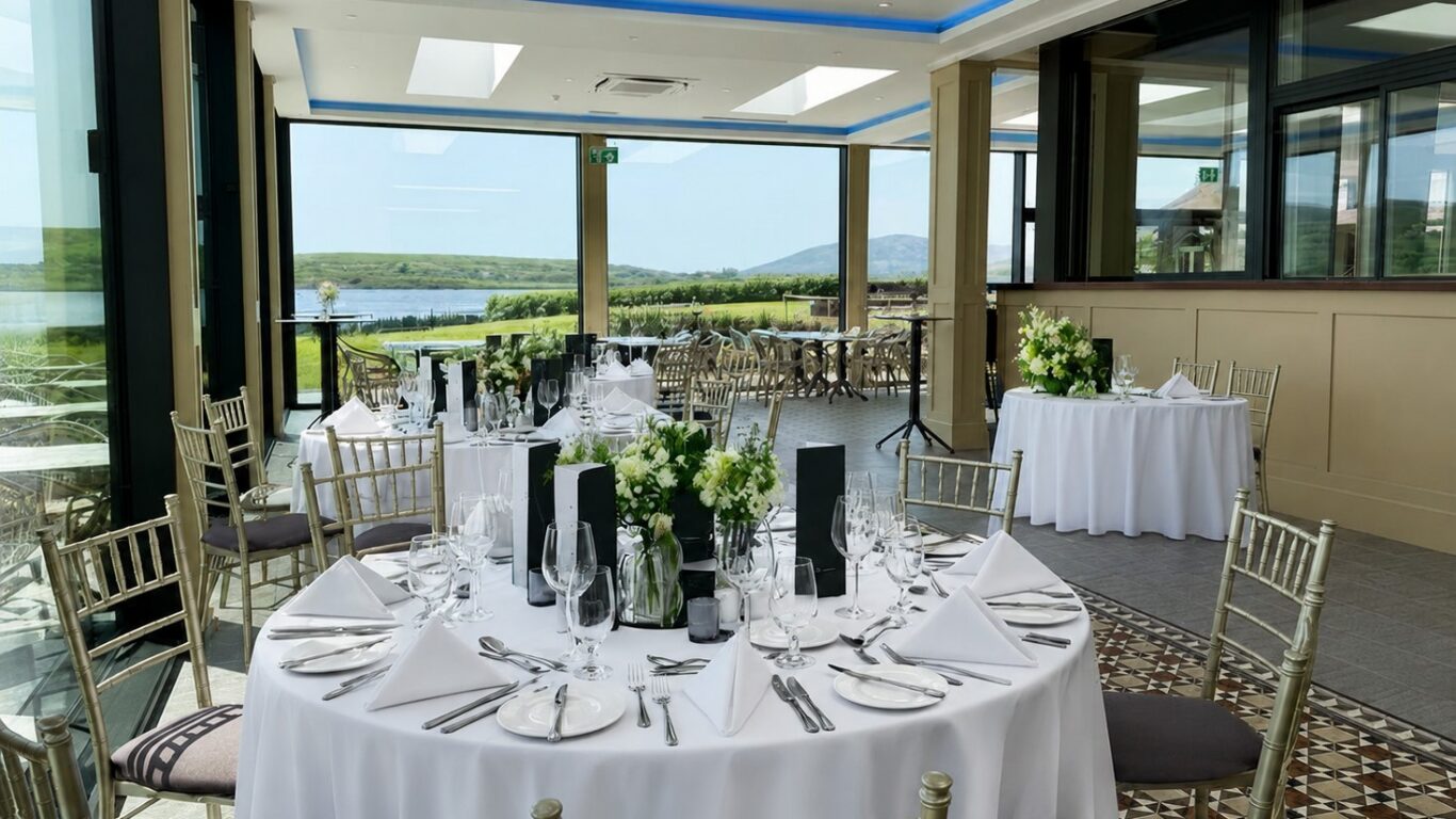 Elegant dining room set for an event with round tables, white tablecloths, floral centerpieces, and outdoor views of a lake and hills through large windows.